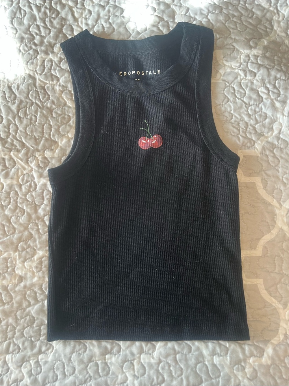 Aeropostale Black Ribbed Tank Top with Red Cherry Motif